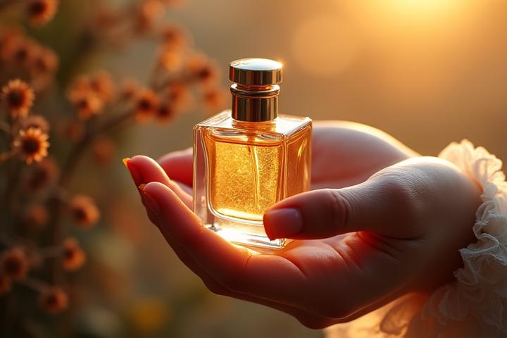 Close-up of a hand delicately holding a vintage perfume bottle, with a soft-focus background of botanical elements and warm, inviting light