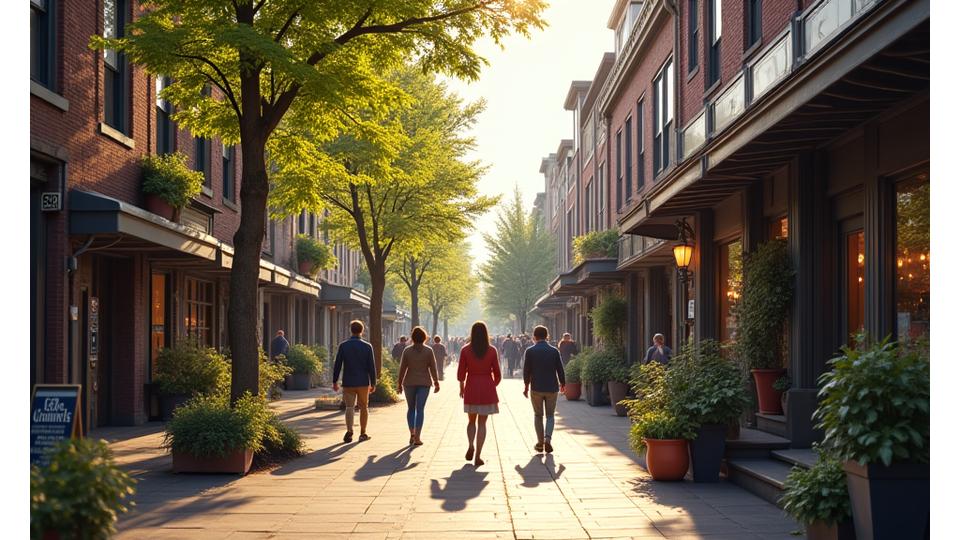 A vibrant street scene in Portland, OR, featuring artisanal shops, lush greenery, and unique local architecture, bathed in soft, natural light, conveying a sense of community and artistic spirit.