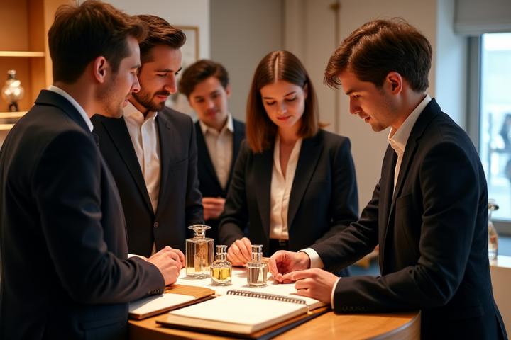 A diverse group of Scentwell Apothecary team members, elegantly dressed, engaged in a vibrant discussion about fragrance bottles in a well-lit, sophisticated boutique setting.
