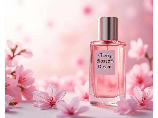 A vibrant bottle of 'Cherry Blossom Dream' amidst soft pink petals, emphasizing a delicate, romantic floral scent.