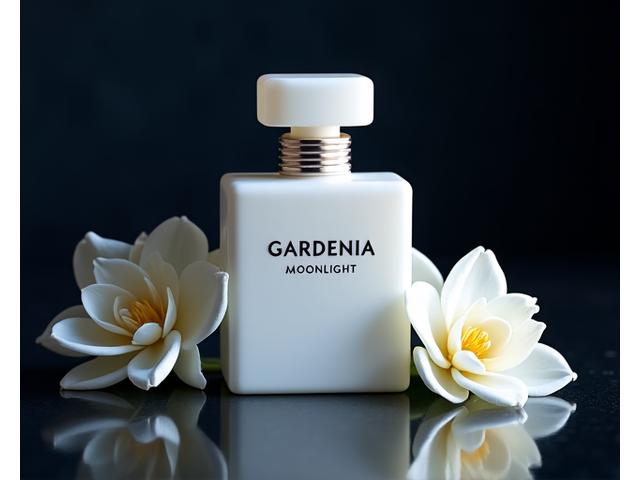 An elegant bottle of 'Gardenia Moonlight' on a dark, reflective surface, surrounded by subtle shadows, evoking a sophisticated floral aroma.