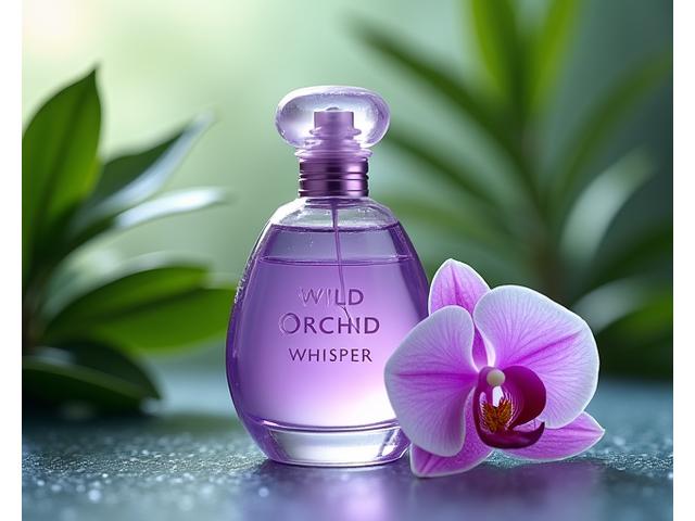 A slender bottle of 'Wild Orchid Whisper' with bright, diffused lighting, suggesting a light, exotic floral scent.