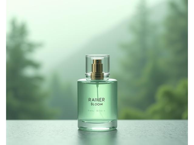 A sleek bottle of 'Rainier Bloom' perfume, showcasing elegant design and a fresh botanical feel.