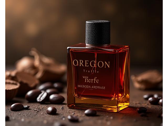 A warm amber bottle of 'Oregon Truffle' perfume, suggesting a rich, earthy scent.