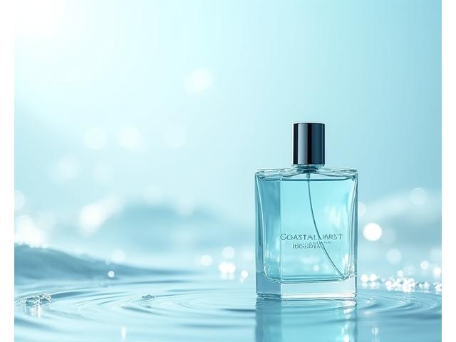 A clear glass bottle of 'Coastal Mist' perfume, evoking freshness and sea spray.
