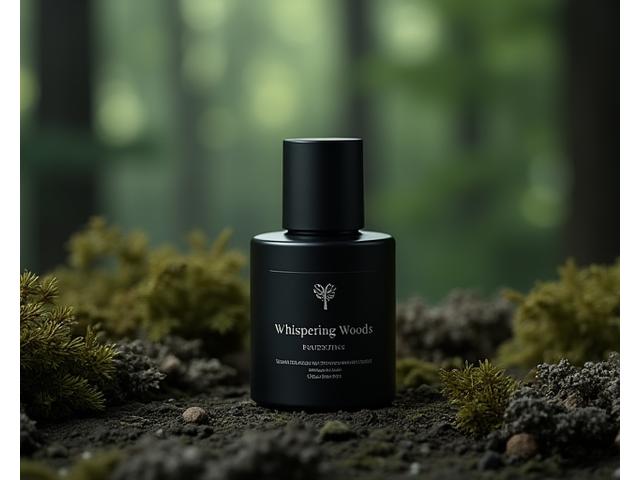 A dark, elegant bottle of 'Whispering Woods', suggesting a mysterious, deep scent.