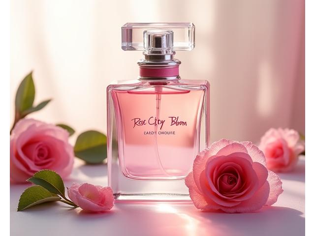 A delicate, clear bottle of 'Rose City Bloom', indicating a soft, romantic floral scent.