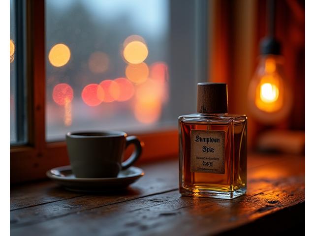 A bottle of 'Stumptown Spice' perfume on a wooden surface, with soft, ambient lighting, hinting at cozy Portland evenings.