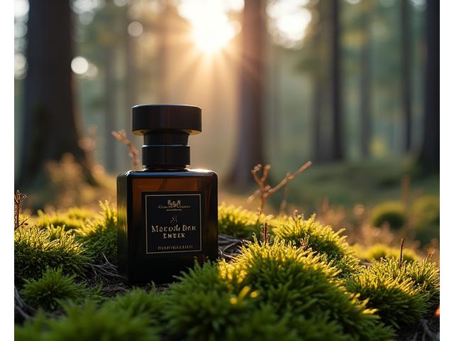 A bottle of 'Forest Ember' perfume placed among moss and evergreen needles, capturing the essence of a serene Oregon forest.