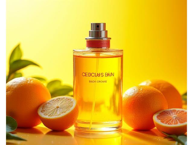 A vibrant bottle of 'Citrus Dawn' placed amongst fresh citrus fruits, exuding energy and a popular summery vibe.