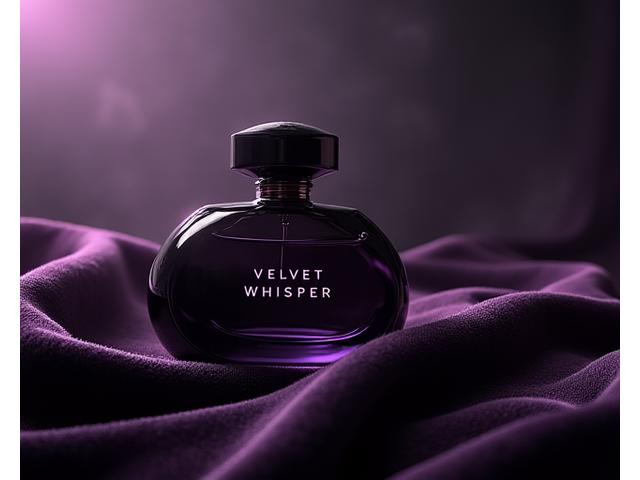 A minimalist bottle of 'Velvet Whisper' on a soft, dark velvet cloth, suggesting luxury and growing adoration.