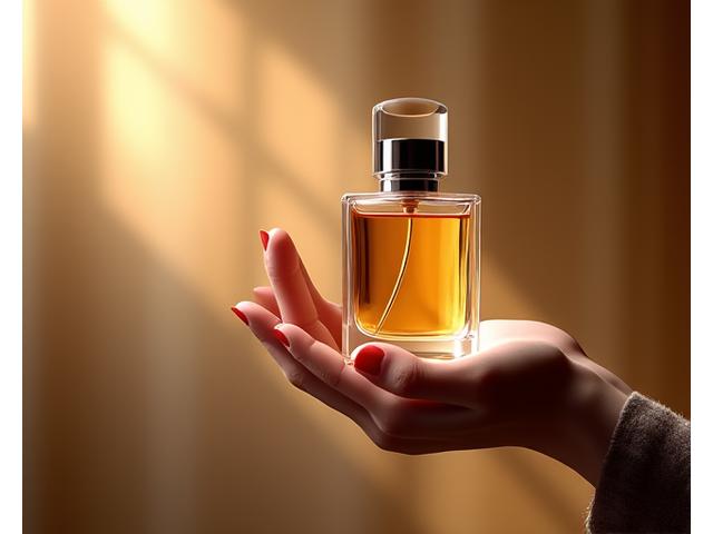 Elegant hand holding a perfume bottle, with soft, diffused light, symbolizing personalized fragrance discovery.