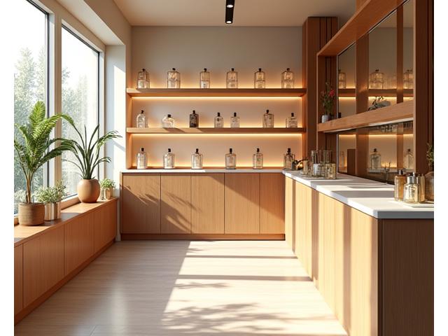 Elegant, sunlit interior of a modern apothecary or boutique, with sleek shelving and well-arranged fragrance bottles, evoking a sense of calm and sophistication. 