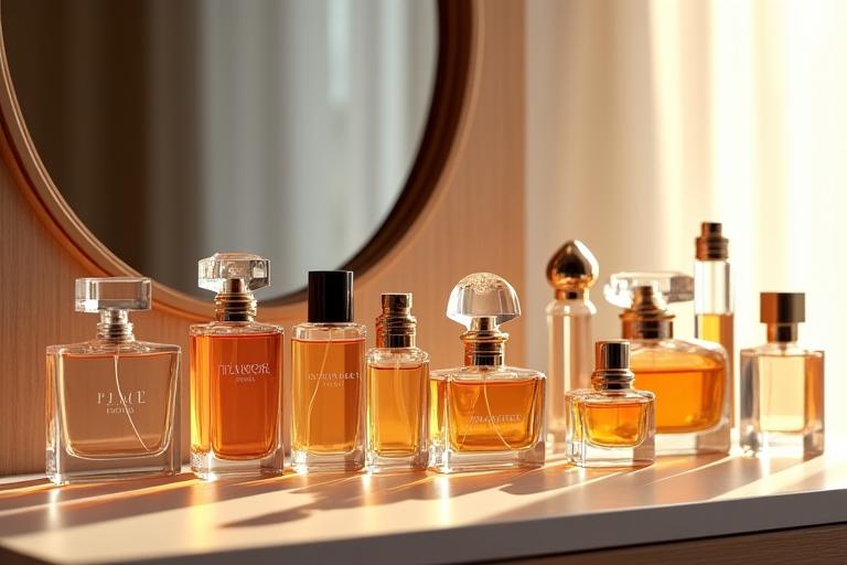 A luxurious, organized display of assorted perfume bottles in varying shapes and sizes, arranged elegantly on a vanity or shelf, suggesting a curated collection, with soft, ambient lighting.