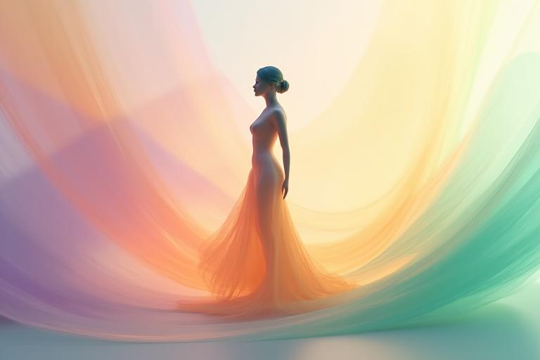 Abstract imagery of a human silhouette outlined with flowing, elegant lines, surrounded by soft, colorful auras representing different personality traits, merging into abstract fragrance notes.