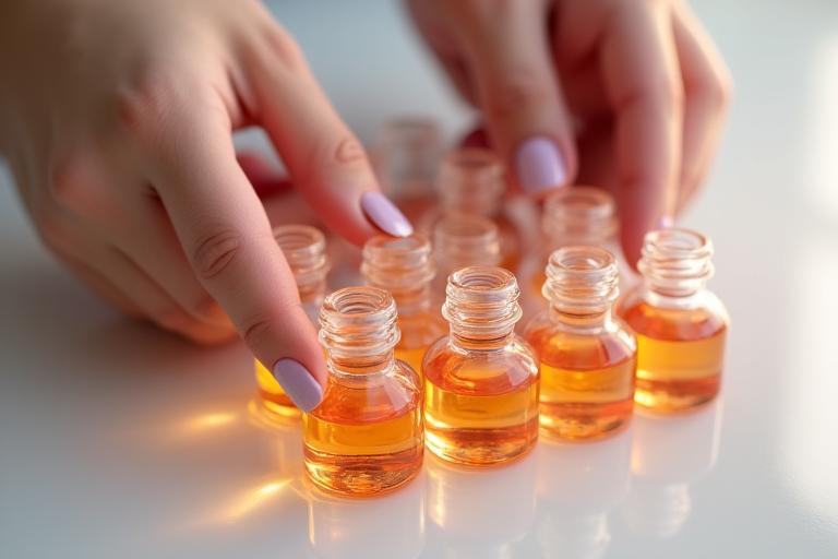 Close-up of a hand gently holding a series of delicate glass vials filled with different colored liquids, shimmering with light, representing a meticulous fragrance note analysis.