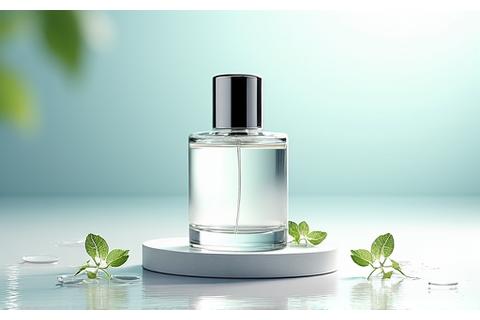 A minimalist perfume bottle with clear liquid and silver accents, reflecting bright, crisp light, suggestive of freshness and modernity, surrounded by subtle dew drops.