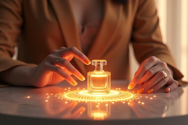 A woman engaging with an elegant digital interface, surrounded by ethereal scent notes and soft light, representing personalized fragrance discovery.