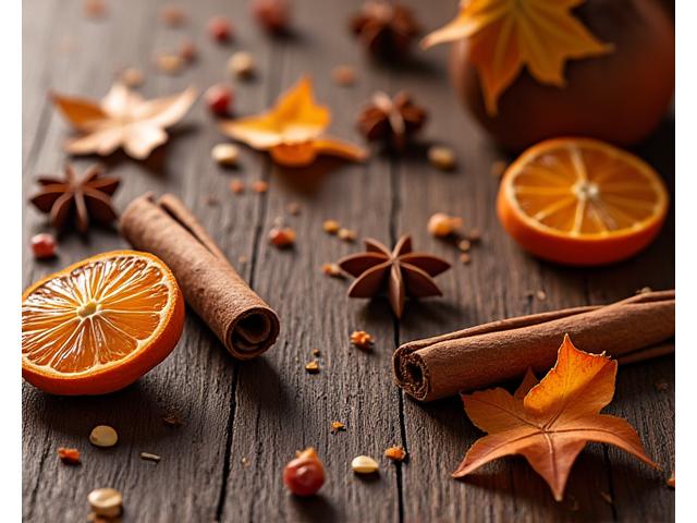Warm spices like cinnamon sticks, star anise, and dried orange slices on a rustic wooden table, suggesting comforting fall aromas.
