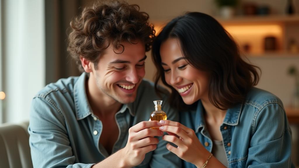 Two diverse individuals, one male-presenting and one female-presenting, sharing a moment of appreciation for a single, elegantly designed minimalist perfume bottle, emphasizing shared experience and inclusivity.