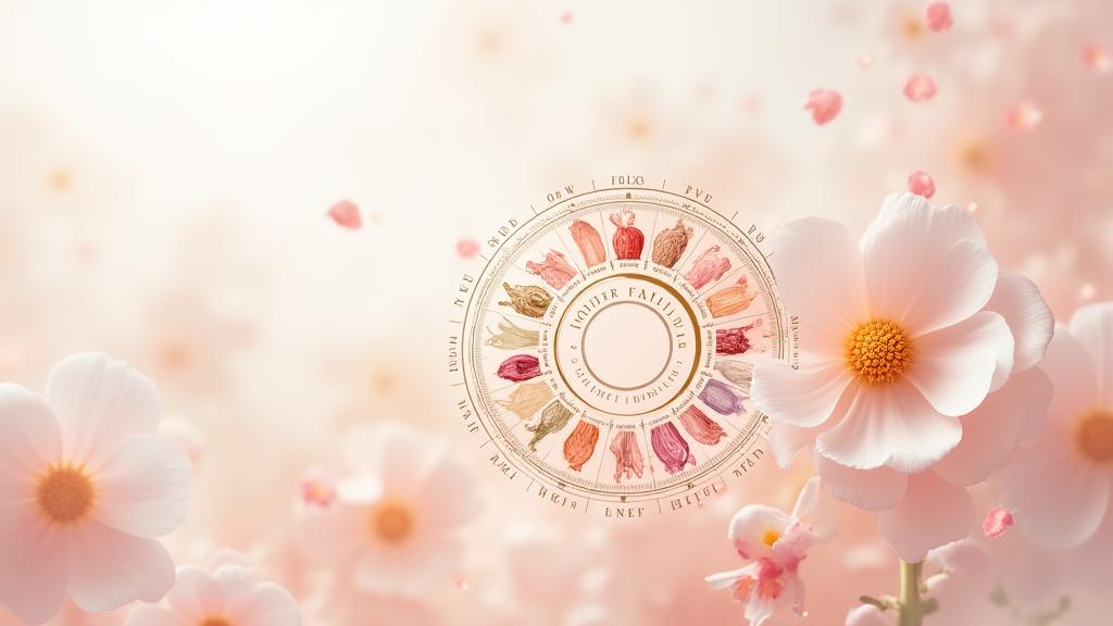 An elegant, interactive fragrance wheel displaying major and minor scent families like floral, woody, oriental, and fresh, with delicate botanical elements.