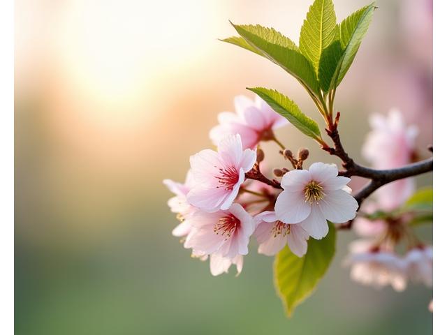 Delicate cherry blossoms and fresh green leaves, symbolizing spring, with soft, diffused sunlight.