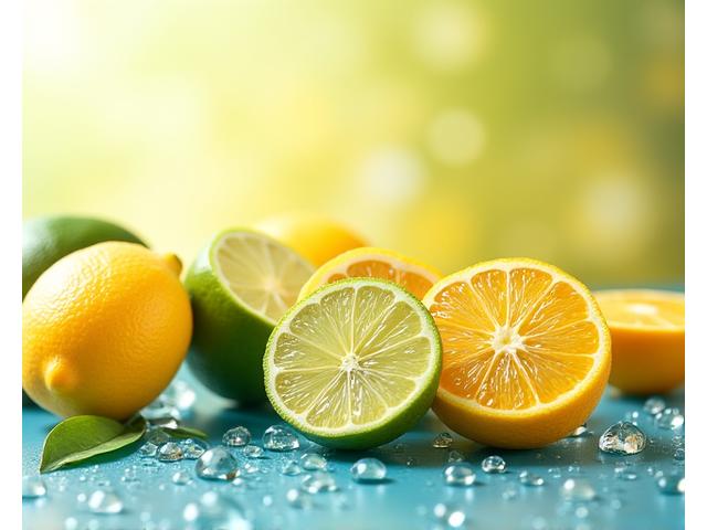 Bright slices of citrus fruits (lemon, lime, orange) with droplets of water, evoking a refreshing summer feel.