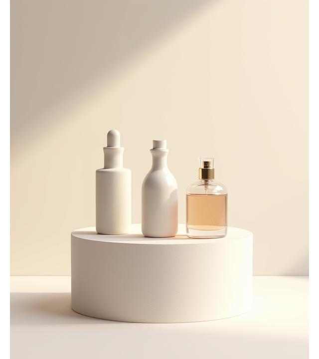 A diverse collection of modern, minimalist perfume bottles on a textured, neutral background, suggesting clean lines and gender neutrality, with soft, diffused light.