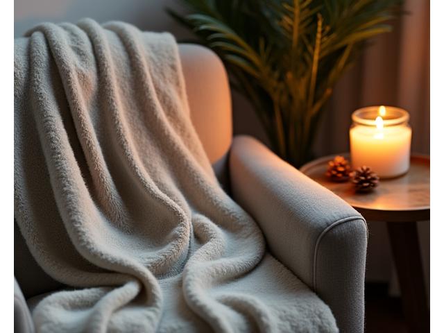 A cozy scene with a cashmere blanket, a lit candle, and a few pinecones, evoking the warmth and comfort of winter.