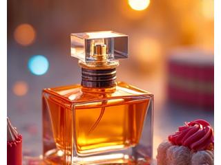 Cake with candles and a festive perfume bottle in a vibrant setting