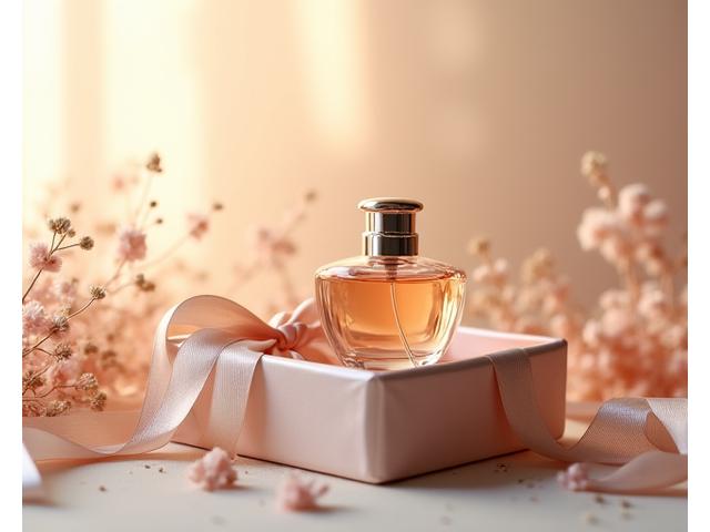 Elegant gift box with ribbons and a delicate perfume bottle surrounded by soft light and botanical elements