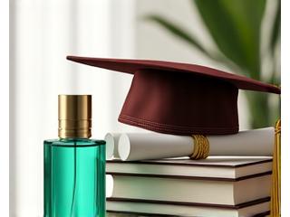 Graduation cap with a scroll and a fresh, uplifting perfume bottle