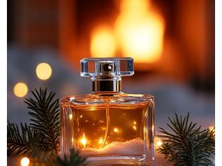 Cozy holiday scene with festive decorations and a shimmering perfume bottle