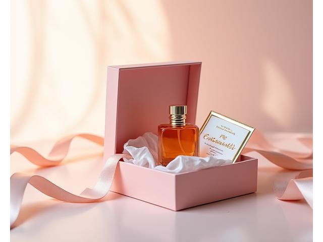 Open luxury gift box revealing a perfume bottle inside, with elegant ribbon and a custom message card