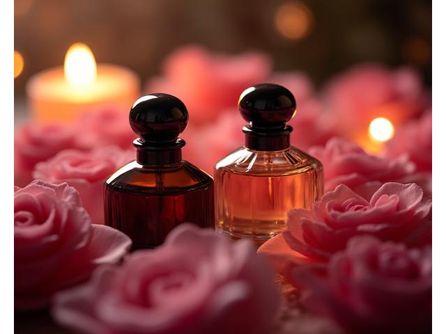 Romantic perfume gift set with rose petals and soft lighting