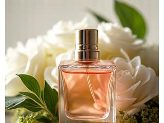 Bridal bouquet with a delicate perfume bottle in the foreground