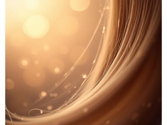 A delicate mist of hair perfume being sprayed onto a strand of fine, silky hair, emphasizing the lightweight nature of the product.