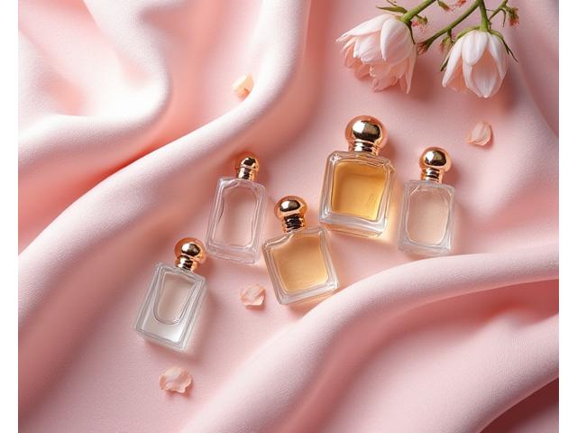A selection of miniature, elegant hair perfume bottles displayed artfully, suggesting travel-friendly and portable options.
