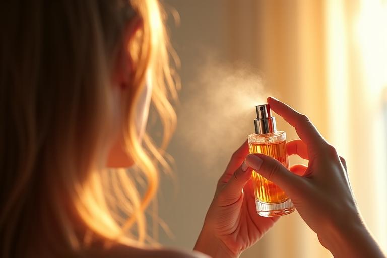 A woman applying hair perfume mist to her voluminous, shiny hair, illustrating proper application technique with a soft, diffused background.
