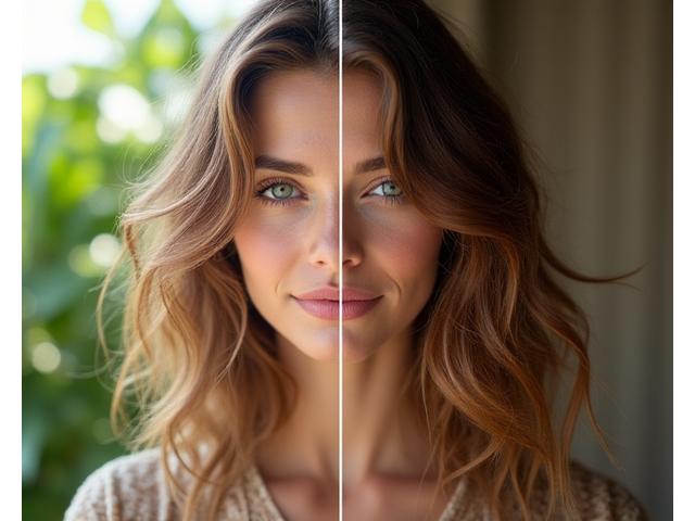 Hair styled in a way that suggests a particular season, e.g., wavy hair on a beach background for summer, or sleek hair for winter, with appropriate ambient light.