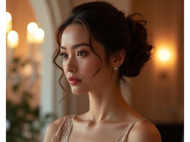 A glamorous updo or formal hairstyle, with an emphasis on luminosity and a sense of enhanced scent for a special event.