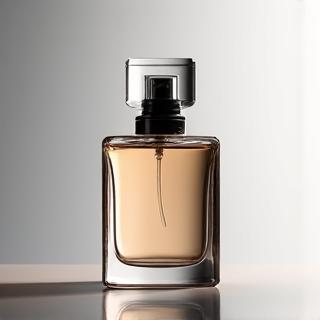 Minimalist, sleek, clear glass perfume bottle with a subtle grey label against a clean, neutral background, representing neutrality.