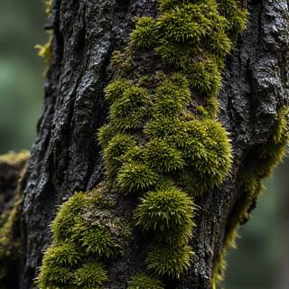 Close-up of rugged, wet tree bark in a Pacific Northwest forest, suggesting earthy and woody notes.