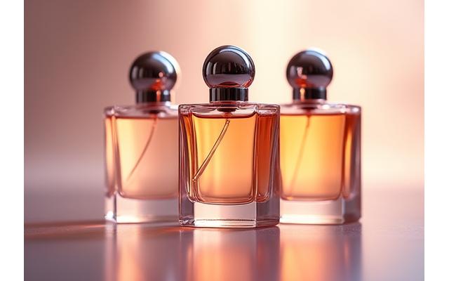 Close-up of three elegant bestseller perfume bottles, shimmering in soft light.