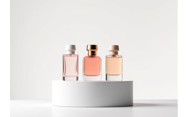 Stylish, modern perfume bottles arranged on a minimalist white pedestal, suggesting newness and elegance.