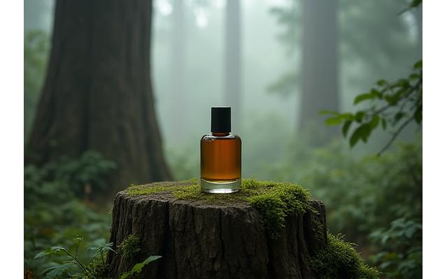 Artisanal fragrance bottle set against a moody, lush Portland-inspired landscape.