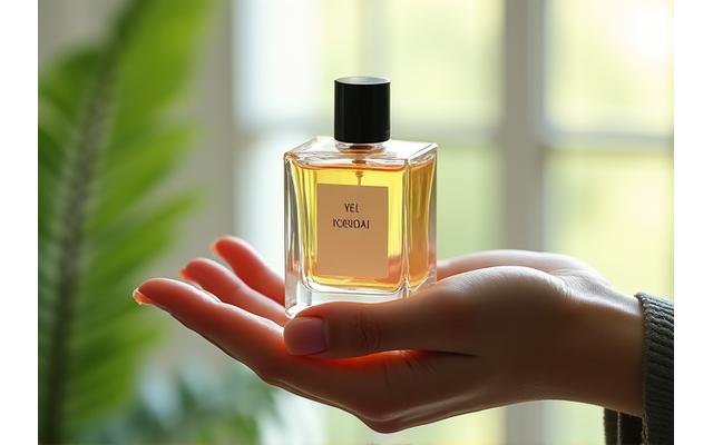 Hand gently holding a clean, minimalist perfume bottle with a soft, green leaf in the background, signaling sustainability.