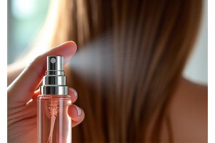 A graceful hand spraying hair perfume onto lustrous, flowing hair, highlighting hair fragrance application.
