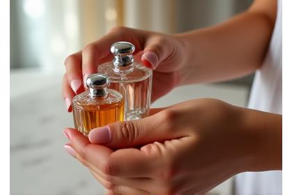 Hands delicately applying different perfume layers on a wrist, demonstrating fragrance layering.