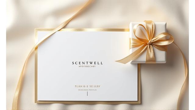 Elegant gift card design with a subtle gold foil edge, placed on a textured paper background next to a single, beautifully wrapped small gift.